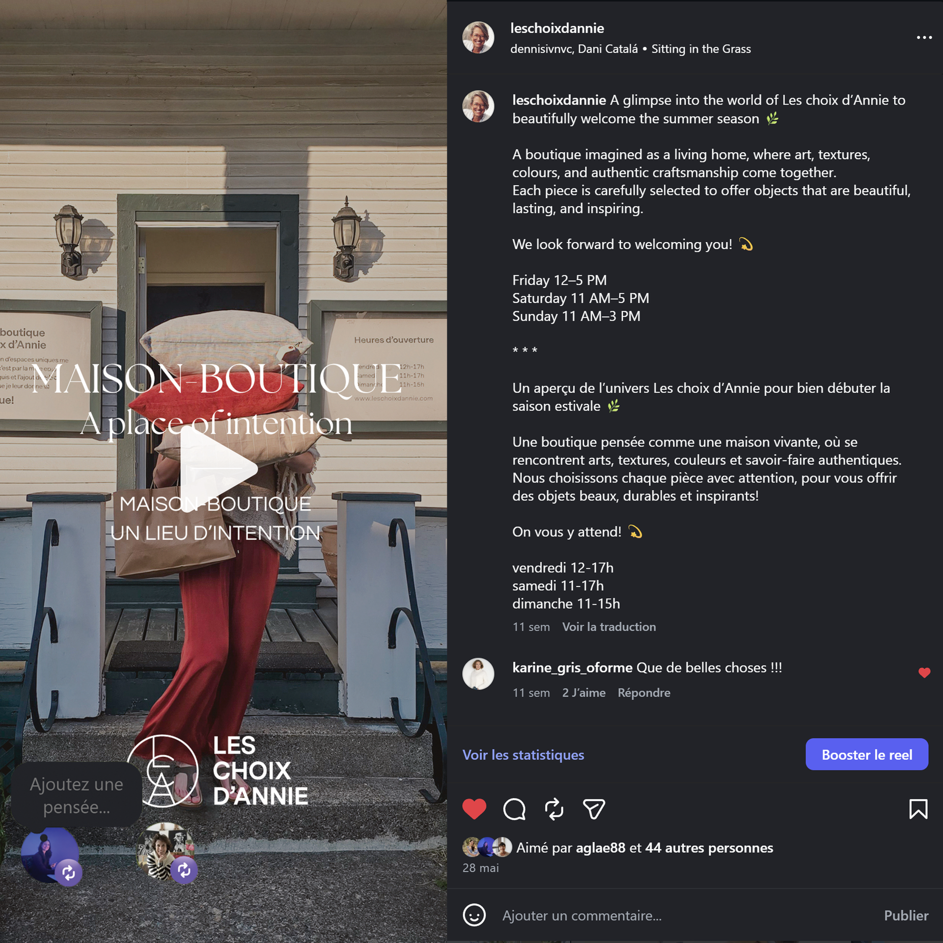 Capture d'écran de la page Instagram du reel de présentation de la boutique Les choix d'Annie