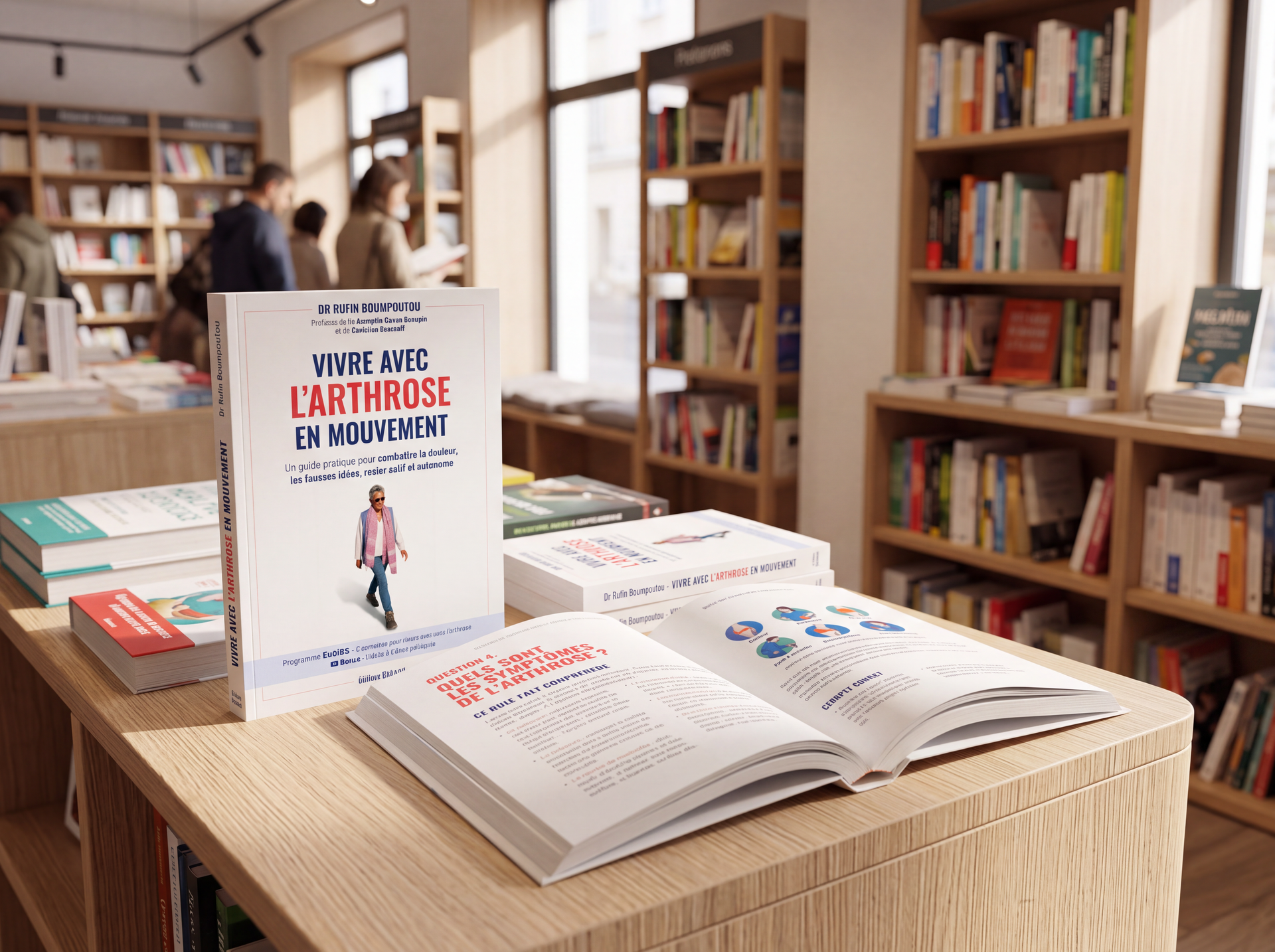 Mise en contexte du livre "Vivre avec l'arthrose en mouvement" dans une librairie (généré par IA)