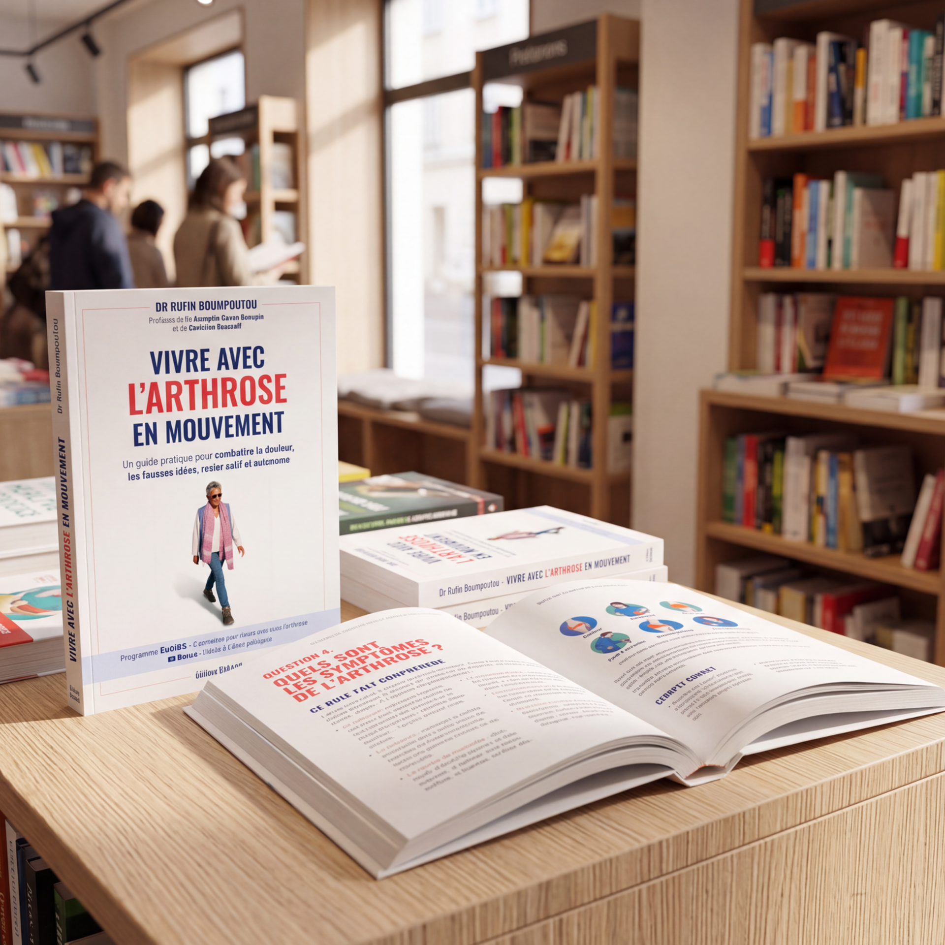 Mise en contexte du livre "Vivre avec l'arthrose en mouvement" dans une librairie (générée par l'IA)